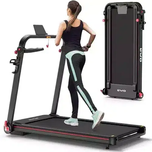 Woman on foldable home treadmill